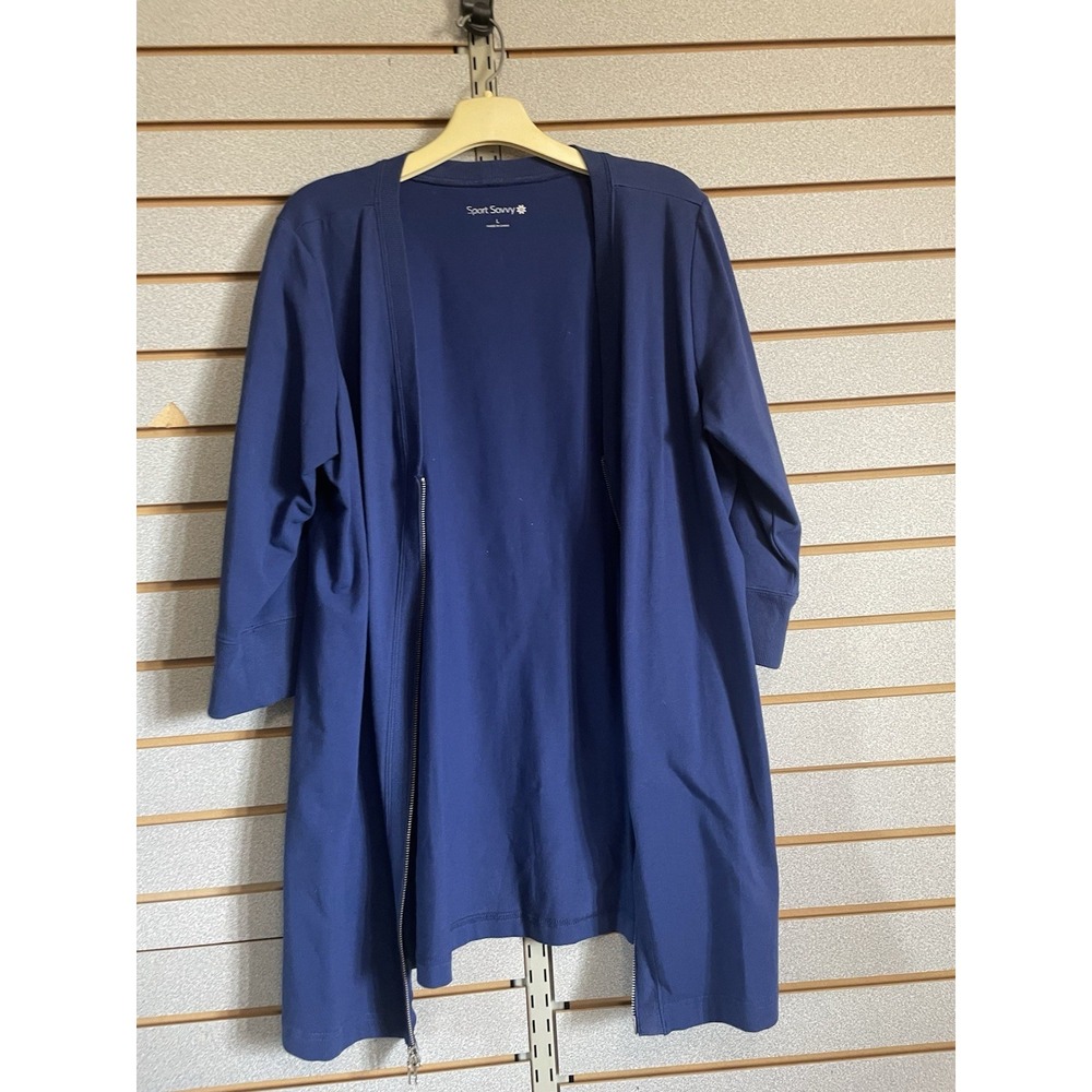 Sport Savvy Long‎ Sleeve Zip Up Knit Jacket Blazer Long Shirt Blue L EUC